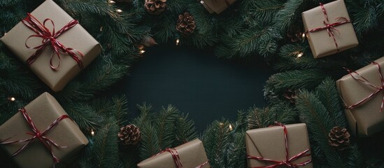 Wall Mural - Christmas festive background with evergreen branches and wrapped gift boxes in an aerial view showcasing ample copy space for text.