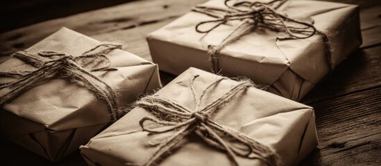 Wall Mural - Rustic wrapped Christmas gifts with twine on a wooden table sepia tone Aerial view of festive holiday presents for a warm celebration