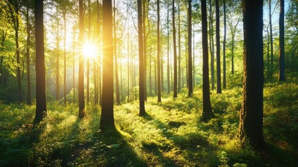  Stunning forest scene with blurred green trees and wild grasses, illuminated by sunlight streaming through the canopy, creating a serene natural atmosphere.