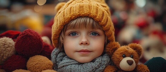 Wall Mural - Child in cozy winter hat surrounded by plush toys and festive atmosphere capturing the essence of holiday joy and warmth.