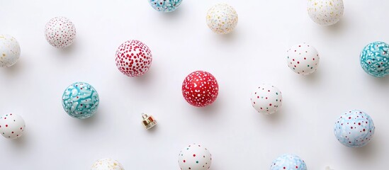 Sticker - Colorful Christmas balls scattered on a white background festive holiday decor for greeting cards and seasonal celebrations