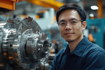 Poster - Industrial engineer smiling and working with heavy machinery in factory