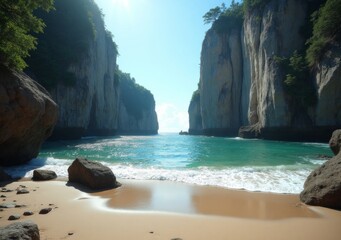 Stunning coastal view of turquoise water between rocky cliffs on a sunny day