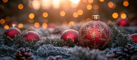 Sticker - Christmas ornaments on frosted pine branches with blurred warm lights creating a festive winter atmosphere for holiday celebrations.