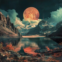 Canvas Print - Surreal Night Landscape: Red Moon over Mountains and Lake