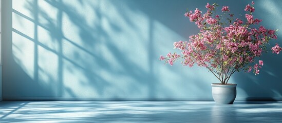 Wall Mural - elegant indoor setting with bougainvillea plant in a pot showcasing a serene blue background and nat