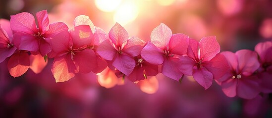 Canvas Print - Delicate pink bougainvillea flowers illuminated by sunlight creating a dreamy summer atmosphere in a coastal countryside setting