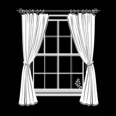 Wall Mural - A minimalist illustration of a window with sheer white curtains, featuring a small plant visible on the sill against a black background.