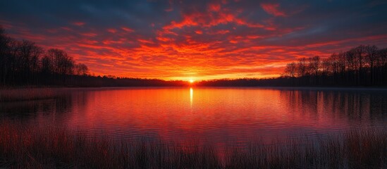 Sticker - Vibrant sunset with fiery red sky reflecting over calm lake surrounded by silhouetted trees and dramatic cloud formations