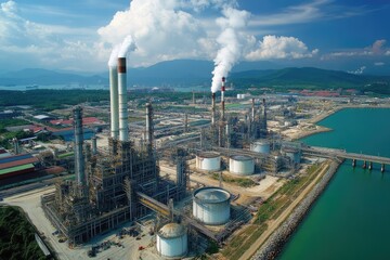 Fototapete - Oil refinery plant emitting smoke next to the sea, industrial scene