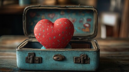 Heart shaped red stuffed toy showcased inside an open vintage suitcase on natural wood surface