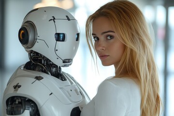 Poster - Blonde woman standing next to humanoid robot looking back