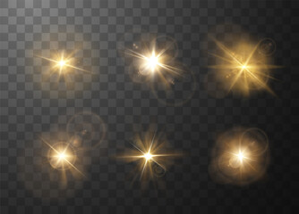 golden sunlight glare effect with halo radiance vector realistic illustrations set, shining light be