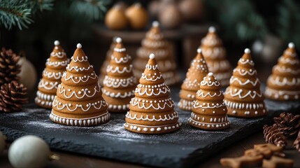 Canvas Print - Gingerbread Christmas trees decorated with white icing on a black velvet background creating a festive holiday scene.