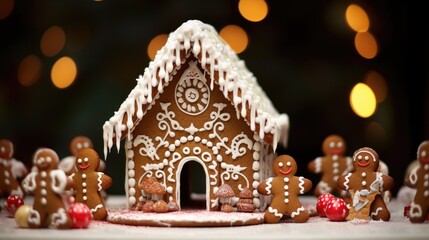 Canvas Print - Gingerbread house decorated with white icing and gingerbread men surrounded by festive decorations and a warm bokeh background