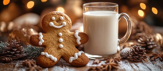 Canvas Print - Gingerbread man cookie with a glass of milk on a festive table with holiday decorations and pine cones in the background.