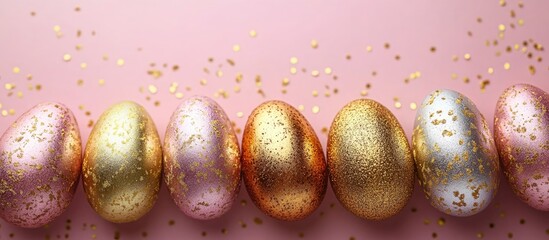 Wall Mural - Shiny gold and silver Easter eggs arranged on a pastel background with confetti creating a festive and elegant flat lay design