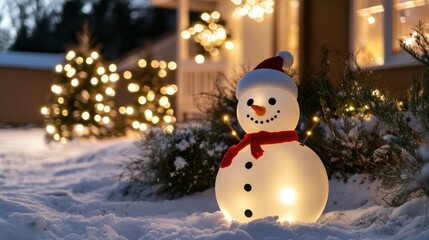 Wall Mural - a cute snowman decoration standing in the snow with festive christmas lights glowing in the backgrou