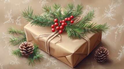 Wall Mural - A natural Christmas gift wrapped in brown paper, decorated with pine branches, red berries, and pinecones on a beige background.