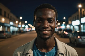 Wall Mural - Close portrait of a smiling young Senegalese man looking at the camera, Senegalese city outdoors at night blurred background