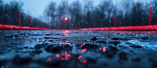 Poster - wet pavement with reflections during rainfall under a dim streetlight creating a moody atmosphere in