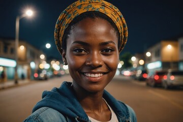 Wall Mural - Close portrait of a smiling young Tanzanian woman looking at the camera, Tanzanian city outdoors at night blurred background