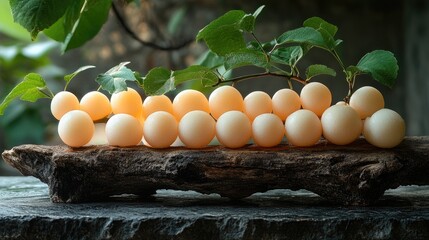 Uncommon snow fruit arranged on a rustic wooden surface with natural greenery showcasing its unique color and texture in soft lighting