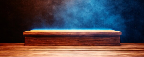 Poster - A wooden surface illuminated by blue and orange light, surrounded by mist, creating a mysterious and ethereal atmosphere.