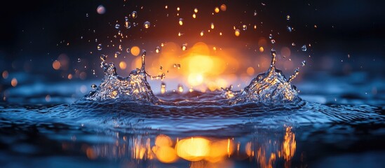Poster - Dynamic water splash with vibrant reflections under golden light creating an enchanting visual effect on the surface of the water.