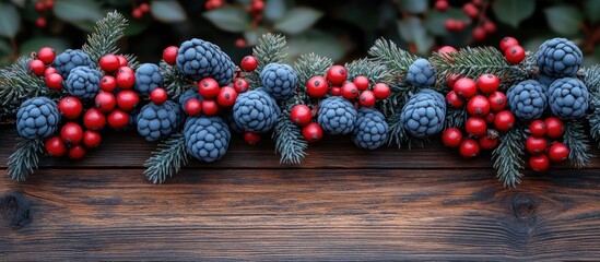 Aufkleber - Spruce branches adorned with decorative berries on rustic wooden surface creating a festive ambiance for seasonal design projects