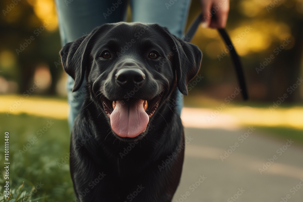 Portrait of black labrador walking in the public park, Selective focus ...
