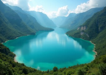 Wall Mural - Serene turquoise lake surrounded by mountains under a clear sky during daylight