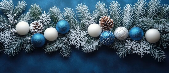 Aufkleber - Festive spruce branches decorated with blue and white ornaments snowflakes and pine cones on a textured blue background
