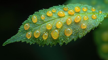 Wall Mural - Close-up of fern leaf displaying vibrant spores and raindrops with a lush green background highlighting nature's intricate details