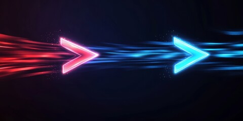 Two distinctly contrasting glowing arrows, one in vibrant red and the other in striking blue, elegantly point upward against a dark background, symbolizing the ideas of direction and choice