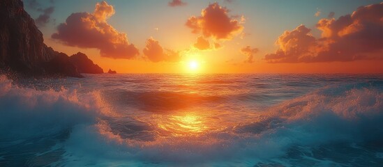 Poster - Serene sunset over tranquil sea beach with gentle waves and colorful clouds reflecting golden light