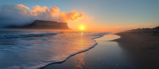 Poster - Serene sunrise over a tranquil beach with gentle waves reflecting vibrant colors and soft clouds on the horizon.
