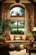 © Media Srock - Cozy and Inviting Living Room with Arched Window and Lush Outdoor View