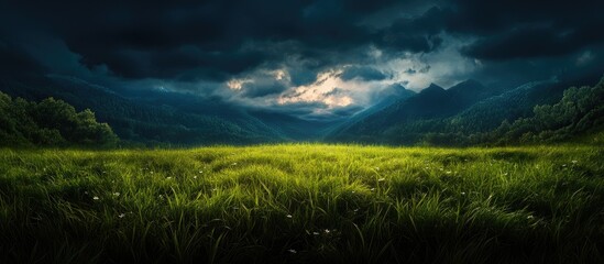 Poster - Scenic meadow landscape with dramatic clouds showcasing the beauty of nature and mobile photography in outdoor settings.