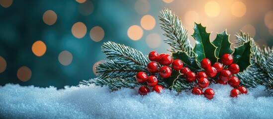 Poster - Christmas fir tree branch with holly berries on snow creating a festive winter scene with warm bokeh lights in the background