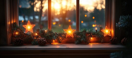 Aufkleber - Glowing star-shaped Christmas garland illuminated on a window with a warm sunset background and festive pinecones.