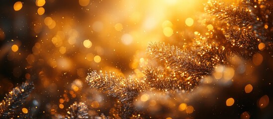 Poster - Golden yellow Christmas bokeh background with shimmering lights and vintage holiday ambiance for seasonal celebrations and decorations.