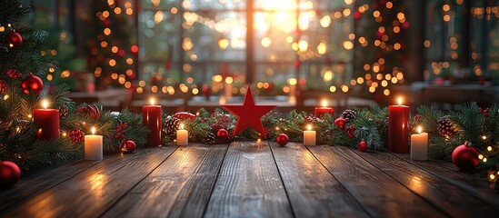 Aufkleber - Festive Christmas Table Setting with Red Star Garland Lights and Candles Illuminating a Cozy Interior Atmosphere