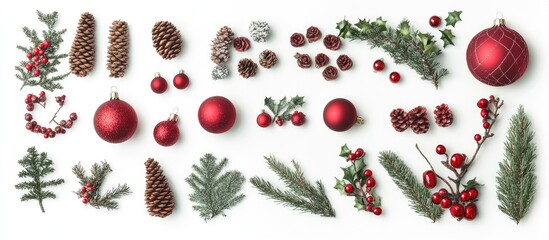 Poster - Christmas decorations arranged on white background for festive mockup design featuring ornaments pinecones and greenery flat lay composition