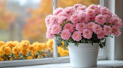 Leinwandbilder - Beautiful arrangement of pink chrysanthemums in a white bucket with vibrant autumn flowers beside a bright window scene on a white background