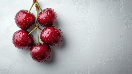 Fototapete - Fresh ripe cherries with droplets of water arranged on a textured white background creating a vibrant and appealing composition.