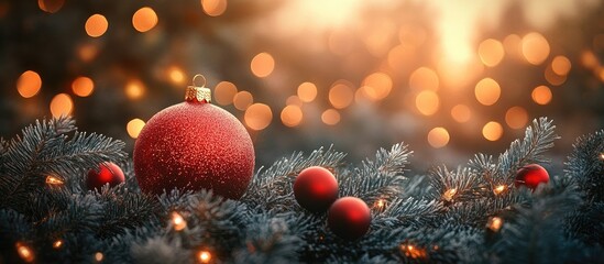 Poster - Christmas ornament among pine branches with warm blurred lights in the background creating a festive atmosphere.