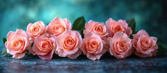 Aufkleber - Elegant close-up of a bouquet of soft pink roses arranged beautifully on a table against a serene blurred background.