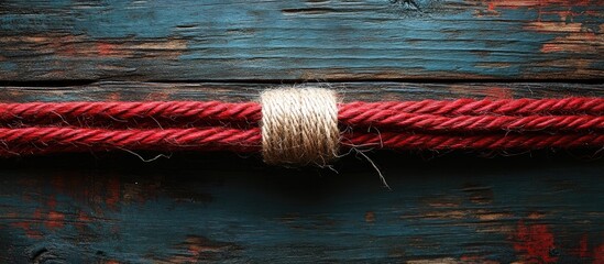 Poster - Red and white twine on a black wooden surface ideal for Christmas gift wrapping and decorative themes with space for text