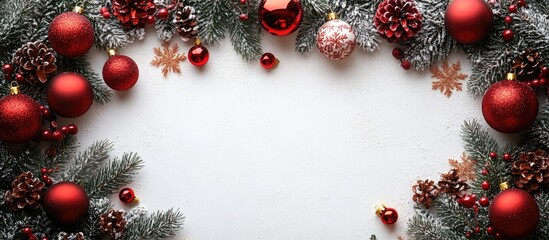 Aufkleber - Christmas card design with festive decorations including red ornaments and pine branches on a white background, space for personalized text.